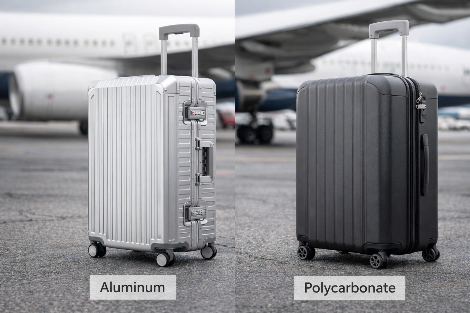 Aluminum suitcase and polycarbonate suitcase side by side at airport, airplane in background.