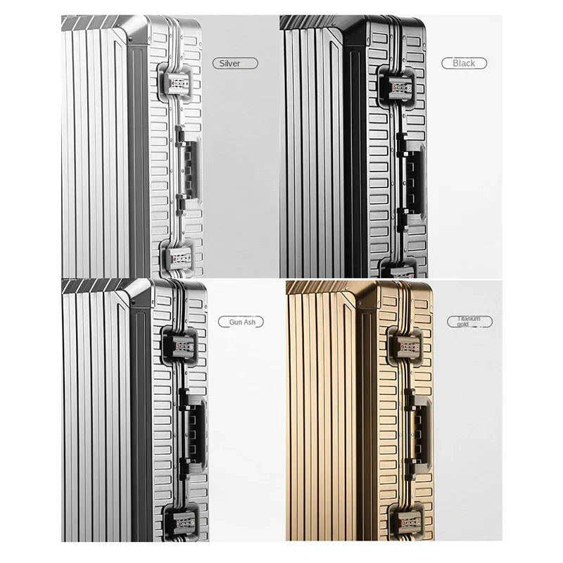 Four hard shell suitcases in silver, black, gun ash, and titanium gold colors, with combination locks.
