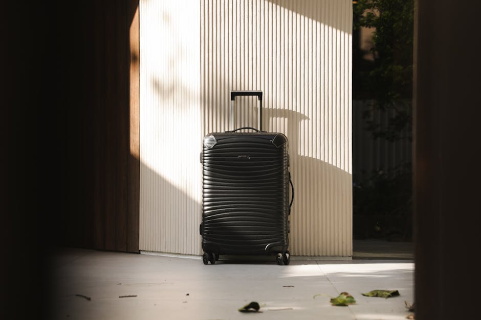 A sleek black suitcase stands in a sunlit hallway, capturing travel elegance and simplicity.