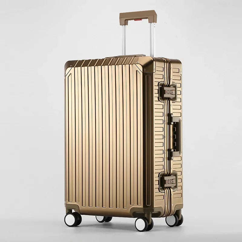 Metallic gold hard shell suitcase with four spinner wheels and a telescopic handle